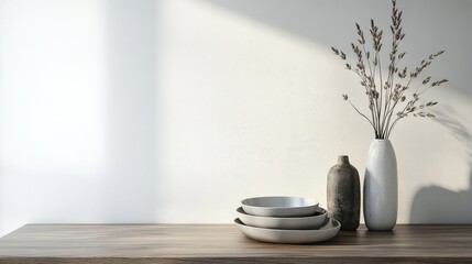 Poster - Decorative arrangement of plates, vase with dried flowers, and stoneware on wooden table against light wall with shadow, Copy Space