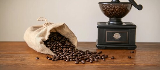 Poster - Coffee beans spilling from a burlap sack next to a vintage coffee grinder on a wooden table with copy space