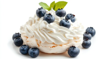 Poster - Blueberry meringue dessert topped with whipped cream and mint leaves on white background with Copy Space.