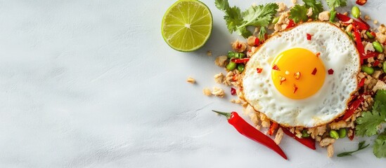 Poster - Fried egg on colorful rice dish with cilantro, chili peppers, and lime on marble surface with Copy Space