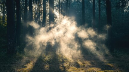 Poster - Mist and sunlight filtering through dense forest trees creating ethereal atmosphere with beams of light and soft shadows Copy Space