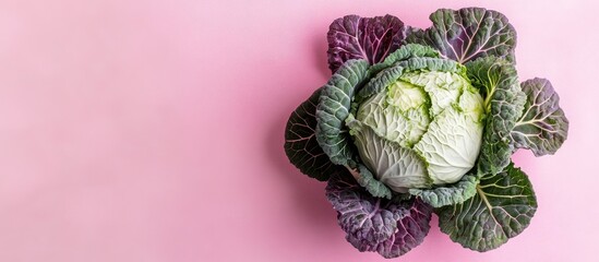 Poster - Fresh green cabbage on a pink background with ample copy space for text placement.