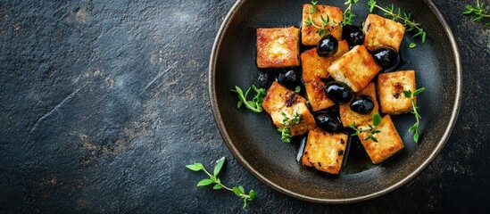 Poster - Tofu cubes with black olives and herbs on a plate on a dark stone background with Copy Space