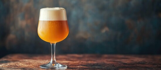 Poster - Craft Beer in a Chilled Glass with Foam on Top against a Dark Textured Background Copy Space
