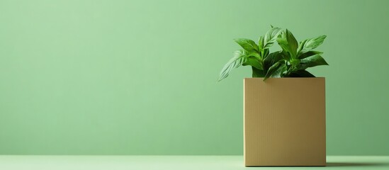 Poster - Houseplant in a beige pot against a green wall with Copy Space for text placement
