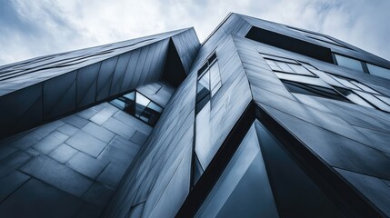 Poster - Abstract architectural composition of modern glass building with sharp angles and cloudy sky, includes dramatic perspective and copy space.