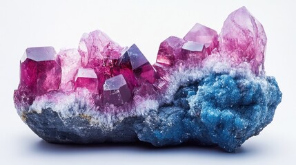 Poster - colorful crystalline mineral formations featuring pink and blue clusters arranged on a white backgro