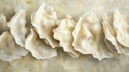Poster - Abstract textured background featuring layered white shells on a neutral surface with soft colors and Copy Space for text placement.