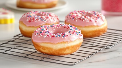 Poster - Pink frosted donuts with sprinkles on a cooling rack with blurred background and copy space for text
