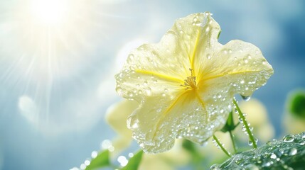 Poster - Yellow flower with water droplets illuminated by sunlight against a blue background Copy Space