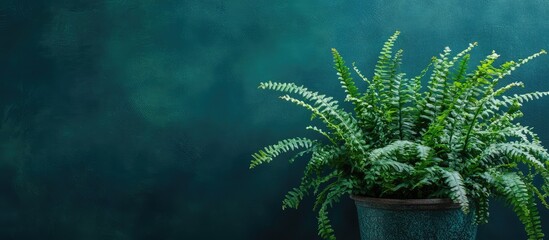 Poster - Green Fern Plant in Pot with Textured Dark Teal Background and Copy Space for Design Use