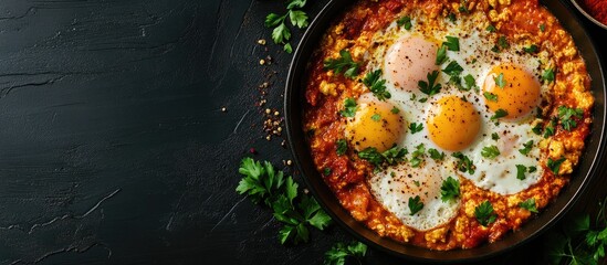 Poster - Fried eggs on spicy tomato sauce with herbs in a black skillet served on a dark background Copy Space