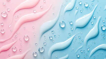 Poster - Abstract fluid patterns with drops of water on pink and blue background featuring smooth curves and copy space for text.