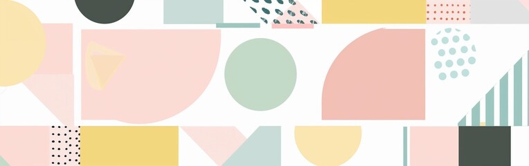 Poster - A flat abstract background with pastel pink, mint green, and yellow geometric shapes, including circles, triangles, and squares arranged in an asymmetrical pattern on a white background.