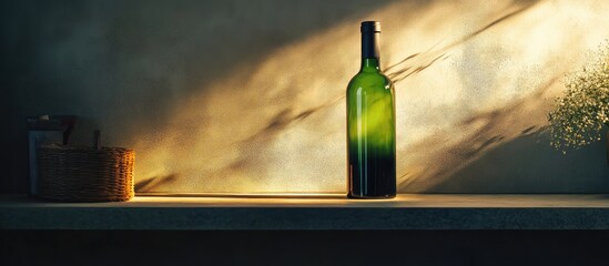Aufkleber - Green glass bottle on a countertop with warm light and soft shadows, highlighting its contours and textures, Copy Space available.