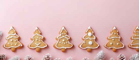Poster - Gingerbread Christmas tree cookies arranged in a row on a pink background with decorative pine cones and Copy Space for text
