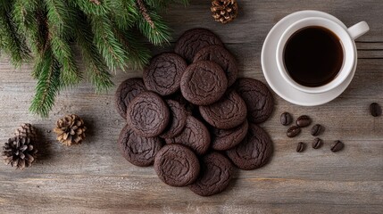 Poster - Chocolate cookies with coffee cup on wooden table decorated with pine branches and pine cones Copy Space