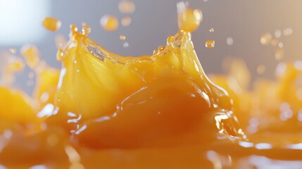 Poster - High-resolution close-up of orange liquid splash against blurred background with dynamic water droplets and Copy Space