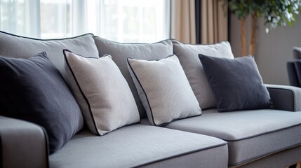 Poster - Modern Grey Sofa with Decorative Cushions in Light-filled Living Room with Copy Space