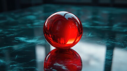 Poster - Red glass sphere on a polished marble surface with reflections and natural light Copy Space
