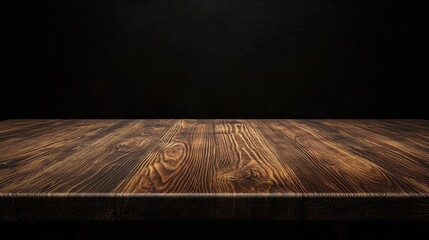 Poster - Wooden table surface with detailed grain pattern and dark background Copy Space