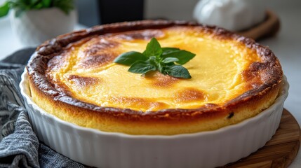 Poster - Baked cheesecake in a white ceramic dish with a golden brown top and fresh basil garnish on a wooden serving board with kitchen utensils and plants in the background Copy Space