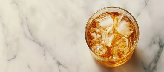 Poster - Whiskey glass with ice on marble countertop with copy space for text or branding