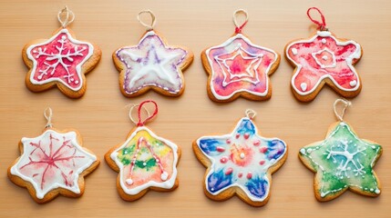Poster - Decoratively Iced Star Shaped Cookies with Colorful Designs on a Wooden Surface Copy Space