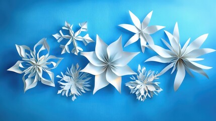 Fototapete - White paper flowers arranged in an artistic display on a bright blue background with ample copy space.