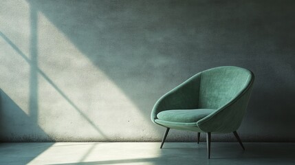 Poster - Modern green upholstered chair in minimalist interior setting with soft natural light and textured concrete wall Copy Space
