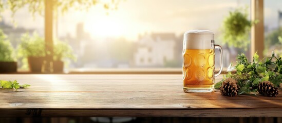 Poster - Glass of beer on wooden table with copy space against sunset view through window and greenery in background