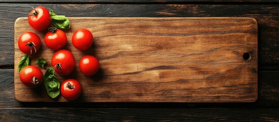 Poster - Fresh cherry tomatoes with green leaves on a rustic wooden cutting board with copy space for text