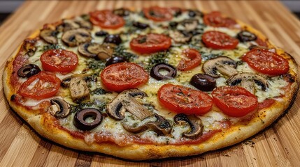 Poster - Freshly baked pizza topped with tomatoes, mushrooms, olives, and herbs on a wooden cutting board with Copy Space.