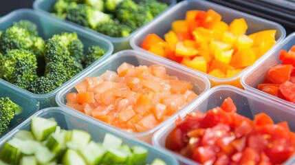 Poster - Freshly cut vegetables in plastic containers arranged in a grid pattern with vibrant colors and textures Copy Space