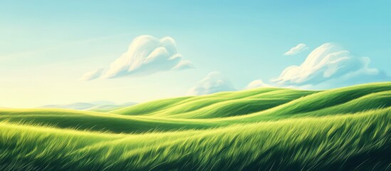 Poster - Rolling green hills under a clear blue sky with soft clouds in the background and ample Copy Space for text placement