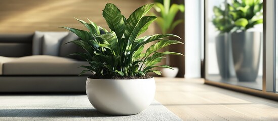 Aufkleber - Indoor houseplant in a modern white pot on a wooden floor with a contemporary sofa and large windows in the background Copy Space