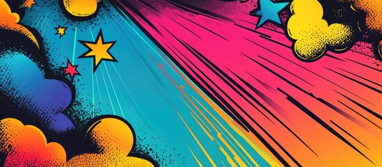 Poster - Colorful comic book style background with vibrant rays and clouds in bright colors, suitable for various graphic design purposes, Copy Space available.