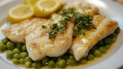 Poster - Grilled Fish Fillets with Lemon Slices and Fresh Herbs on a Plate with Green Peas Copy Space