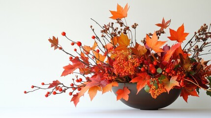 Poster - Autumn floral arrangement with vibrant red and orange leaves, berries, and twigs in a dark bowl on a light background with Copy Space