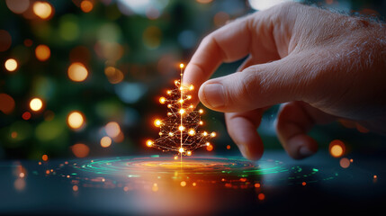 Poster - hand interacting with holographic Christmas tree, glowing with lights and surrounded by festive atmosphere. scene captures magic of holiday season