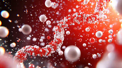 Aufkleber - vibrant visualization of molecular structure with red and white particles, representing dynamic genetic sequence in scientific context