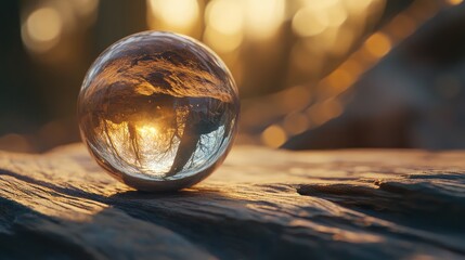 Poster - Glass sphere reflecting sunset in natural setting with soft bokeh background and warm light Copy Space