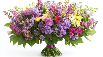 Poster - Colorful mixed flower bouquet with purple and pink blooms on white background Copy Space