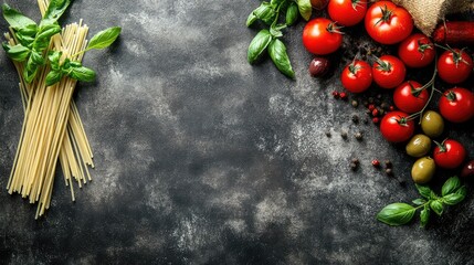 Poster - Fresh tomatoes basil and spaghetti with olives on textured background with Copy Space