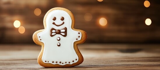 Poster - Gingerbread cookie with icing smiling face and bowtie on wooden table with blurred warm lights in background Copy Space