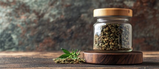 Poster - Glass jar with herbal cannabis buds on wooden base with fresh leaves and rustic stone background Copy Space