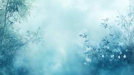 Poster - Blue Misty Landscape with Floral Elements and Copy Space for Text