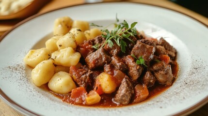 Poster - Beef stew served with gnocchi on a plate garnished with herbs and spices Copy Space