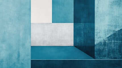 Fototapete - Geometric abstract composition in shades of blue with textured surfaces and empty space for copy placement.