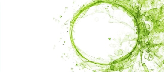 Poster - Green smoke swirl with circular shape and abstract fluid pattern on white background, copy space for text placement.